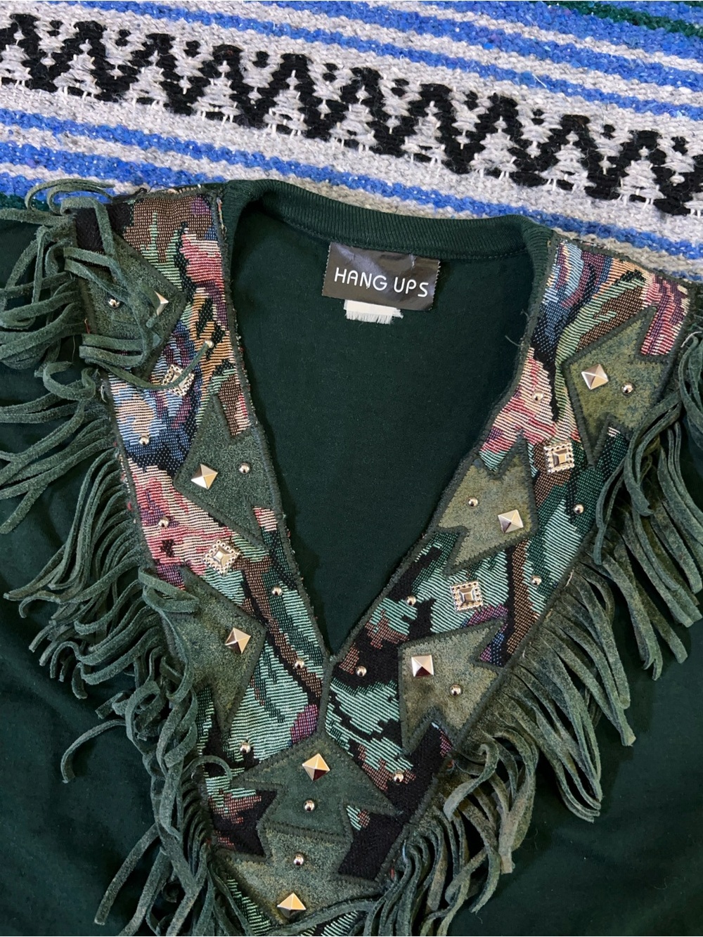 Vintage 80s Green Suede Fringe Top Cropped Aztec Tapestry Studded Western - Picture 7 of 11